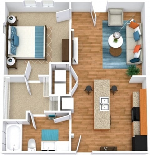 Floor plan for 1 bed, 1 bath, 626 sqft